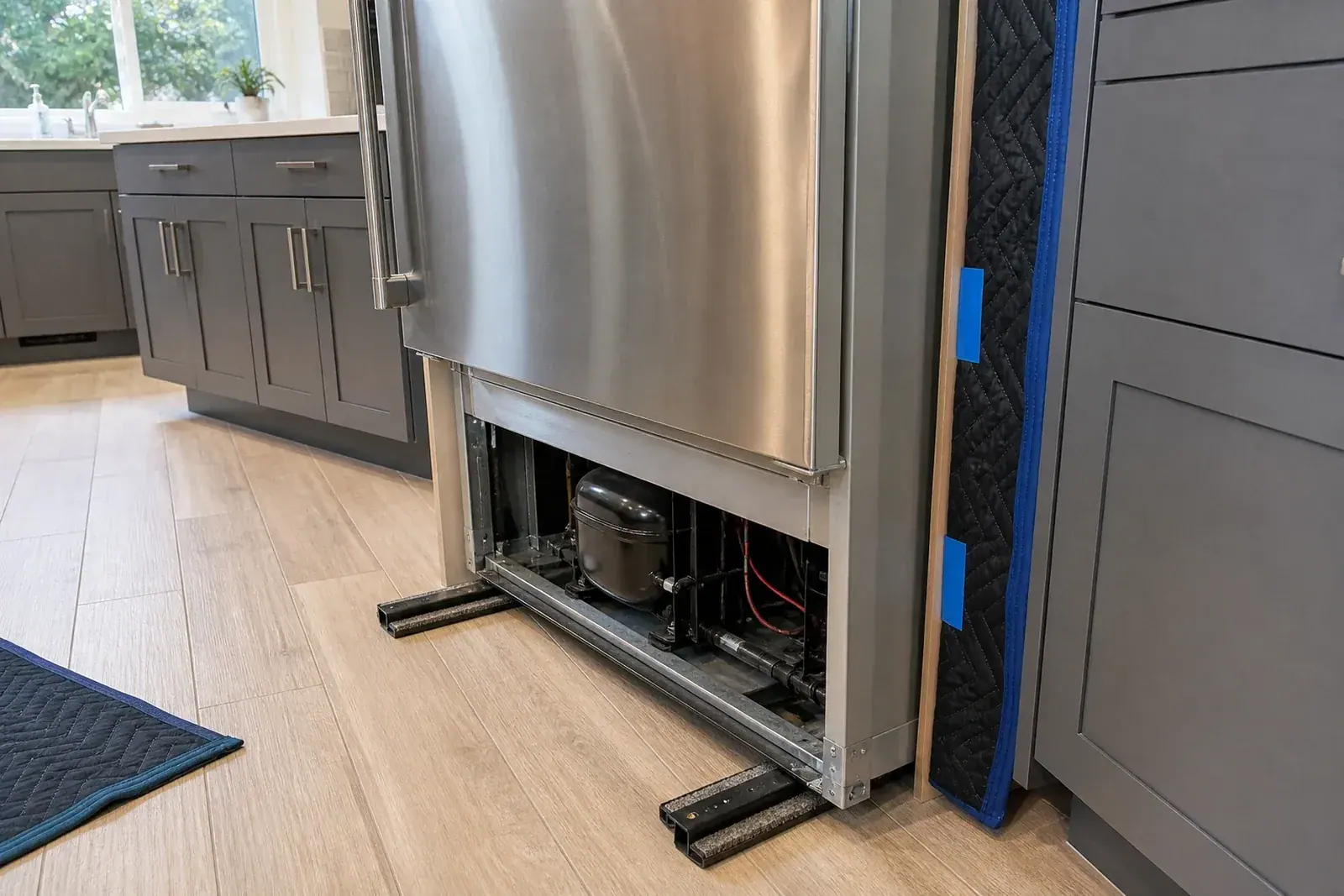Built-in refrigerator eased forward on floor runners for cabinet-safe access