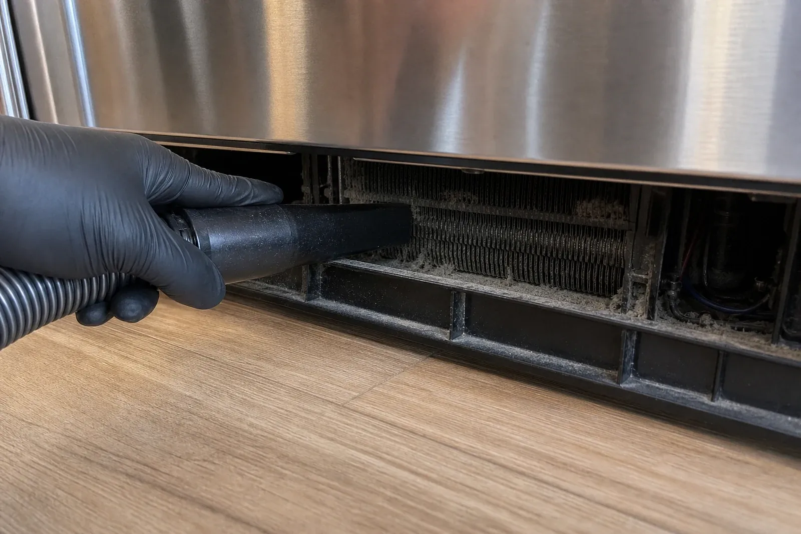 Gloved hand vacuuming a dust-loaded built-in refrigerator condenser coil through the lower grille in San Ramon