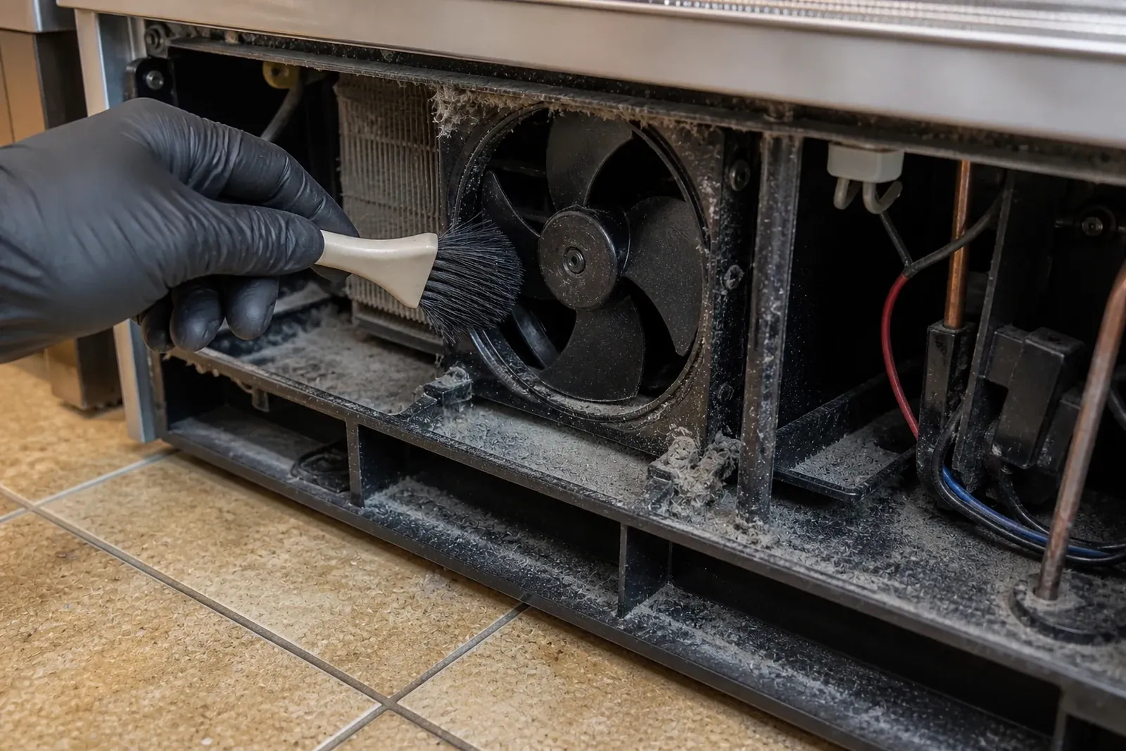 Technician vacuuming dust and Diablo-wind ash from a Sub-Zero condenser fan in a San Ramon kitchen