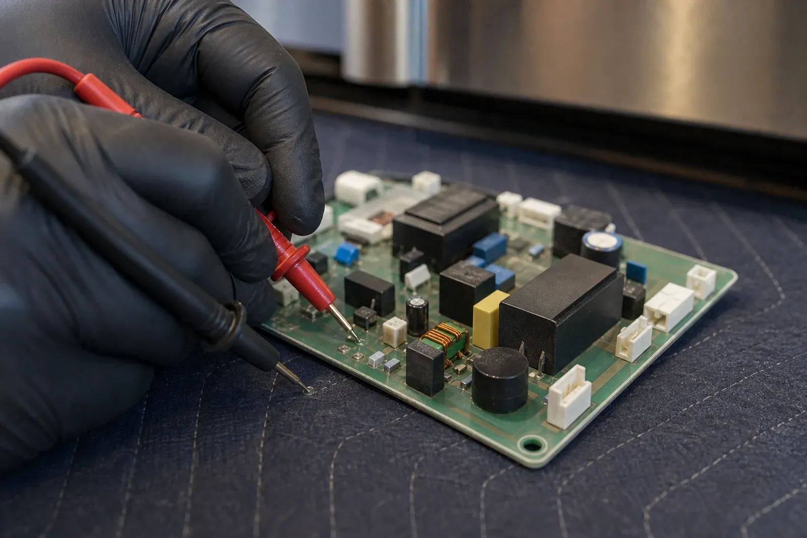 Sub-Zero control board tested with multimeter probes on a protective mat