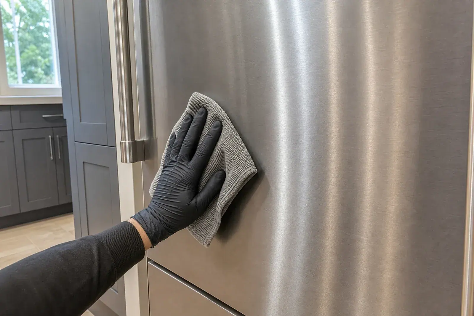 Technician wiping down an integrated-panel built-in refrigerator in a San Ramon kitchen