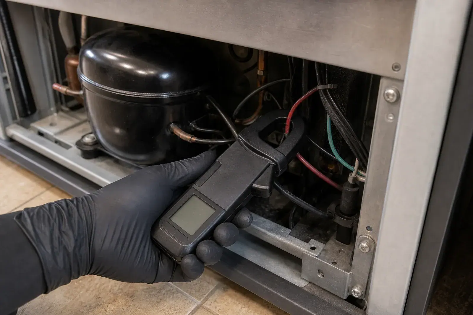 Clamp meter reading a Sub-Zero compressor lead in the lower rear bay during diagnosis